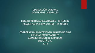 LEGISLACIÓN LABORAL
CONTRATOS LABORALES
LUIS ALFREDO MAFLA MORALES – ID 461237
HELLEN KARINA ZIPA CORTES – ID 456885
CORPORACIÓN UNIVERSITARIA MINUTO DE DIOS
CIENCIAS EMPRESARIALES
ADMINISTRACIÓN DE EMPRESAS
BOGOTÁ D.C.
2016
 