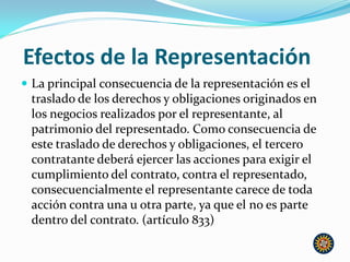 Efectos de la Representación
 La principal consecuencia de la representación es el
traslado de los derechos y obligaciones originados en
los negocios realizados por el representante, al
patrimonio del representado. Como consecuencia de
este traslado de derechos y obligaciones, el tercero
contratante deberá ejercer las acciones para exigir el
cumplimiento del contrato, contra el representado,
consecuencialmente el representante carece de toda
acción contra una u otra parte, ya que el no es parte
dentro del contrato. (artículo 833)
 