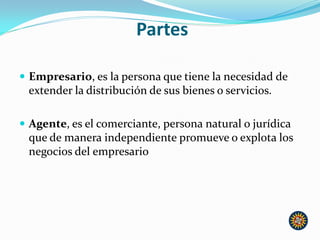 Partes
 Empresario, es la persona que tiene la necesidad de
extender la distribución de sus bienes o servicios.
 Agente, es el comerciante, persona natural o jurídica
que de manera independiente promueve o explota los
negocios del empresario
 
