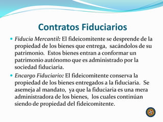 Contratos Fiduciarios
 Fiducia Mercantil: El fideicomitente se desprende de la
propiedad de los bienes que entrega, sacándolos de su
patrimonio. Estos bienes entran a conformar un
patrimonio autónomo que es administrado por la
sociedad fiduciaria.
 Encargo Fiduciario: El fideicomitente conserva la
propiedad de los bienes entregados a la fiduciaria. Se
asemeja al mandato, ya que la fiduciaria es una mera
administradora de los bienes, los cuales continúan
siendo de propiedad del fideicomitente.
 