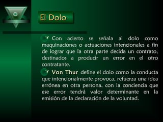 El DoloEl DoloEl DoloEl Dolo
 Con acierto se señala al dolo como
maquinaciones o actuaciones intencionales a fin
de lograr que la otra parte decida un contrato,
destinados a producir un error en el otro
contratante.
 Von ThurVon Thur define el dolo como la conducta
que intencionalmente provoca, refuerza una idea
errónea en otra persona, con la conciencia que
ese error tendrá valor determinante en la
emisión de la declaración de la voluntad.
 