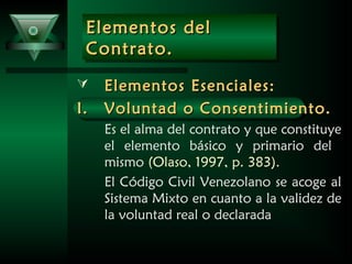 Elementos delElementos del
Contrato.Contrato.
Elementos delElementos del
Contrato.Contrato.
 Elementos Esenciales:Elementos Esenciales:
I.I. Voluntad o Consentimiento.Voluntad o Consentimiento.
Es el alma del contrato y que constituye
el elemento básico y primario del
mismo (Olaso, 1997, p. 383).
El Código Civil Venezolano se acoge al
Sistema Mixto en cuanto a la validez de
la voluntad real o declarada
 