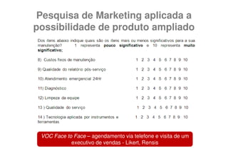 Pesquisa de Marketing aplicada a
possibilidade de produto ampliado




 VOC Face to Face – agendamento via telefone e visita de um
            executivo de vendas - Likert, Rensis
 
