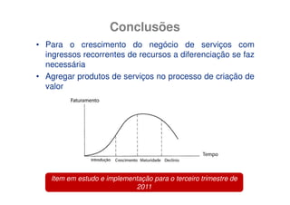 Conclusões
• Para o crescimento do negócio de serviços com
  ingressos recorrentes de recursos a diferenciação se faz
  necessária
• Agregar produtos de serviços no processo de criação de
  valor




   Item em estudo e implementação para o terceiro trimestre de
                            2011
 
