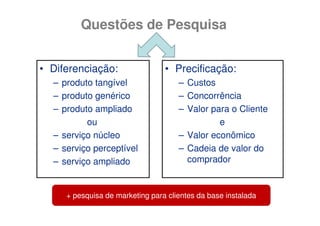 Questões de Pesquisa


• Diferenciação:                 • Precificação:
  – produto tangível                 – Custos
  – produto genérico                 – Concorrência
  – produto ampliado                 – Valor para o Cliente
          ou                                   e
  – serviço núcleo                   – Valor econômico
  – serviço perceptível              – Cadeia de valor do
  – serviço ampliado                   comprador


     + pesquisa de marketing para clientes da base instalada
 