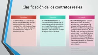 Clasificación de los contratos reales 
Comodato 
• El comodato es un contrato por 
el cual una parte entrega a la otra 
gratuitamente una especie, 
mueble o bien raíz, para que haga 
uso de ella, con cargo de restituir 
la misma especie después de 
terminado el uso. 
Depósito 
• El contrato de depósito es 
un contrato mediante el cual el 
depositante cede la posesión de 
una cosa al depositario para que 
se encargue de custodiarla, 
debiendo éste restituirla cuando 
el depositante la reclame. 
La prenda 
• El contrato de prenda consiste 
en que una parte (el deudor) 
entrega una cosa mueble a la 
otra parte (el acreedor), con la 
finalidad de obtener una garantía 
y seguridad de un crédito, de tal 
manera que le otorga la posesión 
pignoraticia y con ello la facultad 
de retener la cosa empeñada y, 
en su caso, realizarla y pagarse 
preferentemente con el producto 
de dicha realización, si el deudor 
no cumple la obligación 
garantizada. 
 