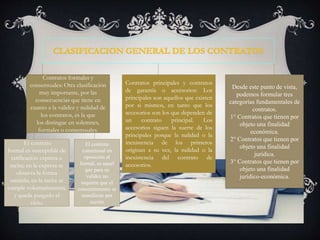 Contratos formales y
consensuales: Otra clasificación
muy importante, por las
consecuencias que tiene en
cuanto a la validez y nulidad de
los contratos, es la que
los distingue en solemnes,
formales o consensuales.
El contrato
formal es susceptible de
ratificación expresa o
tacita; en la expresa se
observa la forma
omitida; en la tacita se
cumple voluntariamente
y queda purgado el
vicio.
El contrato
consensual en
oposición al
formal, es aquel
que para su
validez no
requiere que el
consentimiento se
manifieste por
escrito
Contratos principales y contratos
de garantía o accesorios: Los
principales son aquellos que existen
por si mismos, en tanto que los
accesorios son los que dependen de
un contrato principal. Los
accesorios siguen la suerte de los
principales porque la nulidad o la
inexistencia de los primeros
originan a su vez, la nulidad o la
inexistencia del contrato de
accesorios.
Desde este punto de vista,
podemos formular tres
categorías fundamentales de
contratos.
1° Contratos que tienen por
objeto una finalidad
económica.
2° Contratos que tienen por
objeto una finalidad
jurídica.
3° Contratos que tienen por
objeto una finalidad
jurídico-económica.
 