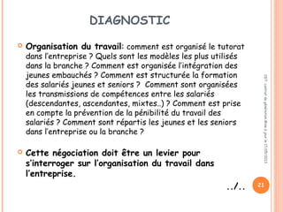 DIAGNOSTIC
 Organisation du travail: comment est organisé le tutorat
dans l’entreprise ? Quels sont les modèles les plus utilisés
dans la branche ? Comment est organisée l’intégration des
jeunes embauchés ? Comment est structurée la formation
des salariés jeunes et seniors ? Comment sont organisées
les transmissions de compétences entre les salariés
(descendantes, ascendantes, mixtes..) ? Comment est prise
en compte la prévention de la pénibilité du travail des
salariés ? Comment sont répartis les jeunes et les seniors
dans l’entreprise ou la branche ?
 Cette négociation doit être un levier pour
s’interroger sur l’organisation du travail dans
l’entreprise.
../..
CGT:contratdegénérationMiseàjourle17/05/2013
21
 