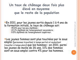 Un taux de chômage deux fois plus
élevé en moyenne
que le reste de la population
En 2011, pour les jeunes sortis depuis 1 à 4 ans de
la formation initiale, le taux de chômage est:
 45.8% pour les peu diplômés ;
 22.1% diplômés de l’enseignement secondaire ;
 9.5% diplômés de l’enseignement supérieur.
Les jeunes femmes sont plus touchées par le sous
emploi (personnes travaillant à temps partiel et souhaitant
travailler à temps plein) que les hommes : en 2011, parmi
les jeunes de moins de 26 ans, 11% des femmes
sont en sous emploi contre 4% pour les hommes.
CGT:contratdegénérationMiseàjourle17/05/2013
4
 
