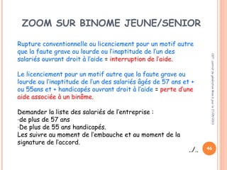 46
ZOOM SUR BINOME JEUNE/SENIOR
Rupture conventionnelle ou licenciement pour un motif autre
que la faute grave ou lourde ou l’inaptitude de l’un des
salariés ouvrant droit à l’aide = interruption de l’aide.
Le licenciement pour un motif autre que la faute grave ou
lourde ou l’inaptitude de l’un des salariés âgés de 57 ans et +
ou 55ans et + handicapés ouvrant droit à l’aide = perte d’une
aide associée à un binôme.
Demander la liste des salariés de l’entreprise :
-de plus de 57 ans
-De plus de 55 ans handicapés.
Les suivre au moment de l’embauche et au moment de la
signature de l’accord.
../..
CGT:contratdegénérationMiseàjourle17/05/2013
 