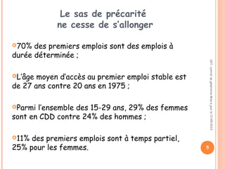 Le sas de précarité
ne cesse de s’allonger
70% des premiers emplois sont des emplois à
durée déterminée ;
L’âge moyen d’accès au premier emploi stable est
de 27 ans contre 20 ans en 1975 ;
Parmi l’ensemble des 15-29 ans, 29% des femmes
sont en CDD contre 24% des hommes ;
11% des premiers emplois sont à temps partiel,
25% pour les femmes.
CGT:contratdegénérationMiseàjourle17/05/2013
5
 
