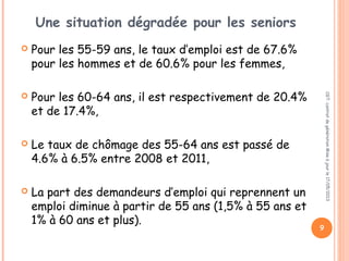 Une situation dégradée pour les seniors
 Pour les 55-59 ans, le taux d’emploi est de 67.6%
pour les hommes et de 60.6% pour les femmes,
 Pour les 60-64 ans, il est respectivement de 20.4%
et de 17.4%,
 Le taux de chômage des 55-64 ans est passé de
4.6% à 6.5% entre 2008 et 2011,
 La part des demandeurs d’emploi qui reprennent un
emploi diminue à partir de 55 ans (1,5% à 55 ans et
1% à 60 ans et plus).
CGT:contratdegénérationMiseàjourle17/05/2013
9
 
