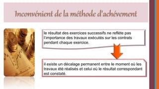 le résultat des exercices successifs ne reflète pas 
l’importance des travaux exécutés sur les contrats 
pendant chaque exercice. 
il existe un décalage permanent entre le moment où les 
travaux été réalisés et celui où le résultat correspondant 
est constaté. 
 