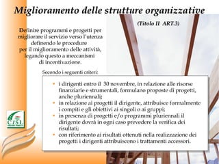 Miglioramento delle strutture organizzative   (Titolo II  ART.3) D efinire programmi e progetti per migliorare il servizio verso l’utenza definendo le procedure  per il miglioramento delle attività, legando questo a meccanismi  di incentivazione. Secondo i seguenti criteri: i dirigenti entro il  30 novembre, in relazione alle risorse finanziarie e strumentali, formulano proposte di progetti, anche pluriennali ;  in relazione ai progetti il dirigente, attribuisce formalmente i compiti e gli obiettivi ai singoli o ai gruppi; in presenza di progetti e/o programmi pluriennali il dirigente dovrà in ogni caso prevedere la verifica dei risultati; con riferimento ai risultati ottenuti nella realizzazione dei progetti i dirigenti attribuiscono i trattamenti accessori. 