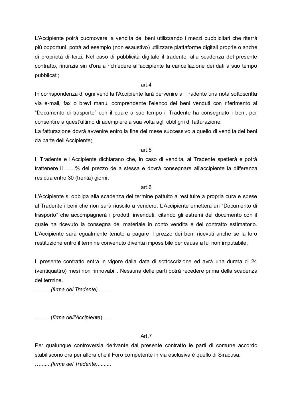 Contratto estimatorio artisti fast copy