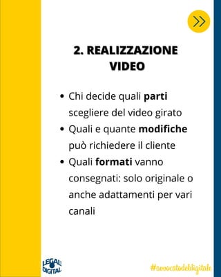 2. REALIZZAZIONE2. REALIZZAZIONE
VIDEOVIDEO
Chi decide quali parti
scegliere del video girato
Quali e quante modifiche
può richiedere il cliente
Quali formati vanno
consegnati: solo originale o
anche adattamenti per vari
canali
 
