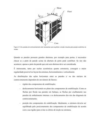 Shear
Floor

Core
Figura 3.13 As paredes de contraventamento são necessárias para equilibrar a torção induzida pela posição excêntrica do
núcleo.

Quando as paredes possuem grandes aberturas, por exemplo para portas, é necessário
checar se a parte da parede acima da abertura da porta pode contribuir. Se isto não
acontecer, apenas a parte da parede que está sem abertura deve ser considerada.
É interessante, tanto por razões econômicas quanto estruturais, conseguir a maior
regularidade possível no layout da estrutura, horizontalmente e verticalmente.
As distribuições das ações horizontais entre as paredes e/ ou dos núcleos de
contraventamento dependem de um número de fatores:
-

rigidez dos componentes de estabilização;

-

deslocamentos horizontais no plano dos componentes de estabilização. Como as
flechas por flexão nas paredes em balanço, as flechas por cisalhamento nas
paredes de embutimento internas e os deslocamentos dos nós das diagonais de
contraventamento;

-

posição dos componentes de estabilização. Idealmente, a estrutura deveria ser
equilibrada pelo posicionamento dos componentes de estabilização de acordo
com a sua rigidez para evitar os efeitos de torção na estrutura;

 