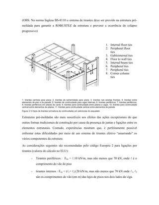 (OBS: Na norma Inglesa BS-8110 o sistema de tirantes deve ser provido na estrutura prémoldada para garantir a ROBUSTEZ da estrutura e prevenir a ocorrência do colapso
progressivo)

1. Internal floor ties
2. Peripheral floor
ties
3. Gableinternal ties
4. Floor to wall ties
5. Internal beam ties
6. Peripheral ties
7. Peripheral ties
8. Corner column
ties

1. tirantes centrais para pisos; 2. tirantes de extremidade para pisos; 3. tirantes nas arestas frontais; 4. tirantes entre
elementos de piso e de parede; 5. tirantes de continuidade para vigas internas; 6. tirantes periféricos; 7. tirantes periféricos;
8. tirantes periféricos em pilares de canto; 9. tirantes para continuidade entre pilares e vigas; 10. tirantes para continuidade
vertical entre elementos de pilares; 11. tirantes para continuidade vertical entre elementos de parede.
Figura 3.14 tipos de tirantes (armadura de continuidade) em estruturas do esqueleto

Estruturas pré-moldadas são mais suscetíveis aos efeitos das ações excepcionais do que
outras formas tradicionais de construção por causa da presença de juntas e ligações entre os
elementos estruturais. Contudo, experiências mostram que, é perfeitamente possível
enfrentar estas dificuldades por meio de um sistema de tirantes efetivo “amarrando” os
vários componentes da estrutura.
As considerações seguintes são recomendadas pelo código Europeu 2 para ligações por
tirantes (valores do cálculo no ELU):
-

Tirantes periféricos : Ftie = l.10 kN/m, mas não menos que 70 kN, onde l é o
comprimento do vão do piso

-

tirantes internos : Ftie = (l1+ l2).20 kN/m, mas não menos que 70 kN onde l1, l2
são os comprimentos do vão (em m) das lajes de pisos nos dois lados da viga.

 