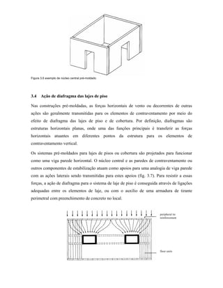 Figura 3.6 exemplo de núcleo central pré-moldado

3.4

Ação de diafragma das lajes de piso

Nas construções pré-moldadas, as forças horizontais de vento ou decorrentes de outras
ações são geralmente transmitidas para os elementos de contraventamento por meio do
efeito de diafragma das lajes de piso e de cobertura. Por definição, diafragmas são
estruturas horizontais planas, onde uma das funções principais é transferir as forças
horizontais atuantes em diferentes pontos da estrutura para os elementos de
contraventamento vertical.
Os sistemas pré-moldados para lajes de pisos ou cobertura são projetados para funcionar
como uma viga parede horizontal. O núcleo central e as paredes de contraventamento ou
outros componentes de estabilização atuam como apoios para uma analogia de viga parede
com as ações laterais sendo transmitidas para estes apoios (fig. 3.7). Para resistir a essas
forças, a ação de diafragma para o sistema de laje de piso é conseguida através de ligações
adequadas entre os elementos de laje, ou com o auxílio de uma armadura de tirante
perimetral com preenchimento de concreto no local.

peripheral tie
reinforcement

floor units

 