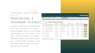 Access Contracts
Centralize &
Increase Visibility
Increase visibility by centralizing
all of your contracts in a single,
secure database that can be accessed
from anywhere, on any device, at any
time. Find any contract in seconds.
Permission-based user access allows
you to control what contracts a user
can access and the level of access
they will be provided.
 