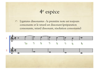 4 e   espèce

   Ligatures dissonantes : la première note est toujours
    consonante et le retard est dissonant (préparation
    consonante, retard dissonant, résolution consonante)
 