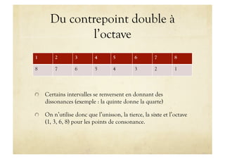 Du contrepoint double à
             l’octave
1        2       3        4       5         6        7        8

8        7       6        5       4         3        2        1





   Certains intervalles se renversent en donnant des
    dissonances (exemple : la quinte donne la quarte)


   On n’utilise donc que l’unisson, la tierce, la sixte et l’octave
    (1, 3, 6, 8) pour les points de consonance.
 