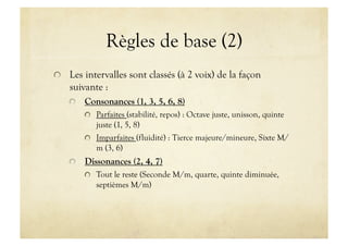 Règles de base (2)

   Les intervalles sont classés (à 2 voix) de la façon
    suivante :
    
   Consonances (1, 3, 5, 6, 8)
        
   Parfaites (stabilité, repos) : Octave juste, unisson, quinte
           juste (1, 5, 8)
        
   Imparfaites (fluidité) : Tierce majeure/mineure, Sixte M/
           m (3, 6)
    
   Dissonances (2, 4, 7)
        
   Tout le reste (Seconde M/m, quarte, quinte diminuée,
           septièmes M/m)
 