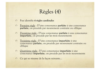 Règles (4)

   Fux identifie 4 règles cardinales


   Première règle : D’une consonance parfaite à une consonance
    parfaite, on procède par mouvement contraire ou oblique

   Deuxième règle : D’une consonance parfaite à une consonance
    imparfaite, on procède par les trois mouvements

   Troisième règle : D’une consonance imparfaite à une
    consonance parfaite, on procède par mouvement contraire ou
    oblique

   Quatrième règle : D’une consonance imparfaite à une
    consonance imparfaite, on procède par les trois mouvements

   Ce qui se résume de la façon suivante…
 