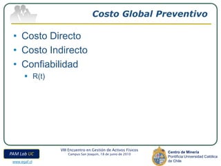 Costo Global Preventivo

 • Costo Directo
 • Costo Indirecto
 • Confiabilidad
        R(t)




                VIII Encuentro en Gestión de Activos Físicos
                                                               Centro de Minería
PAM Lab UC          Campus San Joaquín, 18 de junio de 2010
                                                               Pontificia Universidad Católica
 www.egaf.cl                                                   de Chile
 