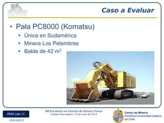Caso a Evaluar

 • Pala PC8000 (Komatsu)
        Única en Sudamérica
        Minera Los Pelambres
        Balde de 42 m3




                VIII Encuentro en Gestión de Activos Físicos
                                                                    Centro de Minería
PAM Lab UC          Campus San Joaquín, 18 de junio de 2010
                                                                    Pontificia Universidad Católica
 www.egaf.cl                                                        de Chile
 
