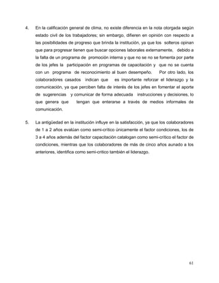 61
4. En la calificación general de clima, no existe diferencia en la nota otorgada según
estado civil de los trabajadores; sin embargo, difieren en opinión con respecto a
las posibilidades de progreso que brinda la institución, ya que los solteros opinan
que para progresar tienen que buscar opciones laborales externamente, debido a
la falta de un programa de promoción interna y que no se no se fomenta por parte
de los jefes la participación en programas de capacitación y que no se cuenta
con un programa de reconocimiento al buen desempeño. Por otro lado, los
colaboradores casados indican que es importante reforzar el liderazgo y la
comunicación, ya que perciben falta de interés de los jefes en fomentar el aporte
de sugerencias y comunicar de forma adecuada instrucciones y decisiones, lo
que genera que tengan que enterarse a través de medios informales de
comunicación.
5. La antigüedad en la institución influye en la satisfacción, ya que los colaboradores
de 1 a 2 años evalúan como semi-crítico únicamente el factor condiciones, los de
3 a 4 años además del factor capacitación catalogan como semi-crítico el factor de
condiciones, mientras que los colaboradores de más de cinco años aunado a los
anteriores, identifica como semi-critico también el liderazgo.
 