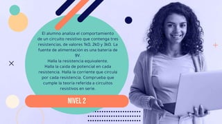 NIVEL 2
El alumno analiza el comportamiento
de un circuito resistivo que contenga tres
resistencias, de valores 1kΩ, 2kΩ y 3kΩ. La
fuente de alimentación es una batería de
9V.
Halla la resistencia equivalente.
Halla la caída de potencial en cada
resistencia. Halla la corriente que circula
por cada resistencia. Comprueba que
cumple la teoría referida a circuitos
resistivos en serie.