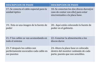 DESCRIPCION DE PASOS                       DESCRIPCION DE PASOS
17.-Se conecta el cable especial para la   18.-Se conectan los dos discos duros(en
unidad óptica                              caso de contar con ello) para estar
                                           sincronizados a la placa base.



19.- Esta es una imagen de la fuente de    20.- Aquí están colocando la fuente de
poder                                      poder en el gabinete.


21.-Y los cables se van acomodando en      22.-Conectar la alimentación a los
todo el sistema                            discos duros

23.-Y después los cables son               24.-Ahora la placa base es colocada
perfectamente escorados cada cable en      dentro del monitor cuidando de cada
sus puestos                                parte, puesto que son sensibles.
 