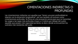 CIMENTACIONES INDIRECTAS O
PROFUNDAS
Las cimentaciones indirectas son aquellas que "tienen una gran profundidad en
relación con la dimensión longitudinal", por eso también se conocen como
cimentaciones profundas. Se hinca en una excavación previa para que se transmitan
las cargas a las capas más profundas (mayor a 3 metros por debajo del suelo),
aquellas que poseen más capacidad portante, es decir, donde se encuentran los
sustratos más resistentes del suelo.
 
