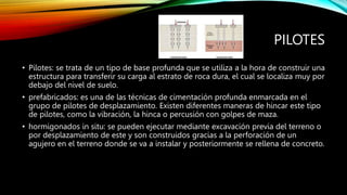 PILOTES
• Pilotes: se trata de un tipo de base profunda que se utiliza a la hora de construir una
estructura para transferir su carga al estrato de roca dura, el cual se localiza muy por
debajo del nivel de suelo.
• prefabricados: es una de las técnicas de cimentación profunda enmarcada en el
grupo de pilotes de desplazamiento. Existen diferentes maneras de hincar este tipo
de pilotes, como la vibración, la hinca o percusión con golpes de maza.
• hormigonados in situ: se pueden ejecutar mediante excavación previa del terreno o
por desplazamiento de este y son construidos gracias a la perforación de un
agujero en el terreno donde se va a instalar y posteriormente se rellena de concreto.
 