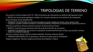 TRIPOLOGIAS DE TERRENO
De acuerdo a la Norma Básica MV-101-1962, los terrenos de cimentación se clasifican del siguiente modo:
• ROCAS: Son formaciones geológicas sólidas, con una gran resistencia a los esfuerzos de compresión.
Rocas Isótropas, Rocas Estratificadas..
• TERRENOS SIN COHESIÓN :Son terrenos formados en gran medida por áridos: arena, grava y limo
inorgánico, pueden contener arcillas en cantidad moderada. Predomina la resistencia al rozamiento interno.
Terrenos de graveras, Terrenos arenosos gruesos, Terrenos arenosos finos.-
• ÁRIDOS: La denominación de áridos varía de acuerdo al tamaño de sus granos
• TERRENOS COHERENTES :Son terrenos compuestos fundamentalmente por arcillas, que pueden contener
áridos en cantidad moderada.
Terrenos arcillosos duros, Terrenos arcillosos blandos, Terrenos arcillosos fluidos
• TERRENOS DEFICIENTES :Por lo general son terrenos no aptos para la cimentación.
Fangos inorgánicos., Terrenos orgánicos,Terrenos de echadizos o relleno.
 