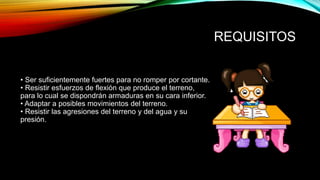 REQUISITOS
• Ser suficientemente fuertes para no romper por cortante.
• Resistir esfuerzos de flexión que produce el terreno,
para lo cual se dispondrán armaduras en su cara inferior.
• Adaptar a posibles movimientos del terreno.
• Resistir las agresiones del terreno y del agua y su
presión.
 