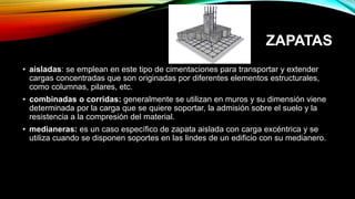 ZAPATAS
• aisladas: se emplean en este tipo de cimentaciones para transportar y extender
cargas concentradas que son originadas por diferentes elementos estructurales,
como columnas, pilares, etc.
• combinadas o corridas: generalmente se utilizan en muros y su dimensión viene
determinada por la carga que se quiere soportar, la admisión sobre el suelo y la
resistencia a la compresión del material.
• medianeras: es un caso específico de zapata aislada con carga excéntrica y se
utiliza cuando se disponen soportes en las lindes de un edificio con su medianero.
 