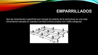 EMPARRILLADOS
tipo de cimentación superficial que recoge los pilares de la estructura en una sola
cimentación basada en zapatas corridas entrecruzadas con malla ortogonal.
 