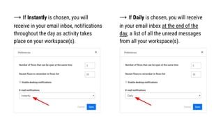 → If Instantly is chosen, you will
receive in your email inbox, notifications
throughout the day as activity takes
place on your workspace(s).
→ If Daily is chosen, you will receive
in your email inbox at the end of the
day, a list of all the unread messages
from all your workspace(s).
 