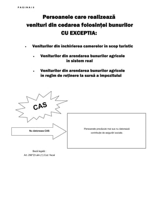 PAGINA18

Persoanele care realizează
venituri din cedarea folosinţei bunurilor
CU EXCEPTIA:
•

Veniturilor din închirierea camerelor în scop turistic
•

•

Veniturilor din arendarea bunurilor agricole
în sistem real
Veniturilor din arendarea bunurilor agricole
în regim de reţinere la sursă a impozitului

CAS

Nu datoreaza CAS

Bază legală :
Art. 296*23 alin.(1) Cod fiscal

Persoanele prevăzute mai sus nu datorează
contribuŃie de asigurări sociale.

 