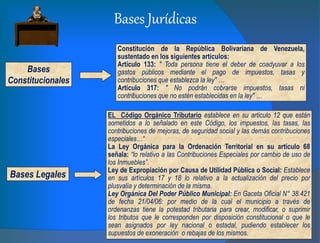 Bases Jurídicas
Bases
Constitucionales
Constitución de la República Bolivariana de Venezuela,
sustentado en los siguientes artículos:
Artículo 133: " Toda persona tiene el deber de coadyuvar a los
gastos públicos mediante el pago de impuestos, tasas y
contribuciones que establezca la ley" …
Artículo 317: " No podrán cobrarse impuestos, tasas ni
contribuciones que no estén establecidas en la ley" …
Bases Legales
EL Código Orgánico Tributario establece en su articulo 12 que están
sometidos a lo señalado en este Código, los impuestos, las tasas, las
contribuciones de mejoras, de seguridad social y las demás contribuciones
especiales…“
La Ley Orgánica para la Ordenación Territorial en su artículo 68
señala: “lo relativo a las Contribuciones Especiales por cambio de uso de
los Inmuebles”.
Ley de Expropiación por Causa de Utilidad Pública o Social: Establece
en sus artículos 17 y 18 lo relativo a la actualización del precio por
plusvalía y determinación de la misma.
Ley Orgánica Del Poder Público Municipal: En Gaceta Oficial N° 38.421
de fecha 21/04/06: por medio de la cual el municipio a través de
ordenanzas tiene la potestad tributaria para crear, modificar, o suprimir
los tributos que le corresponden por disposición constitucional o que le
sean asignados por ley nacional o estadal, pudiendo establecer los
supuestos de exoneración o rebajas de los mismos.
 
