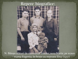 N. Băieşu alături de cumnatul Toader, sora Maria; pe scaun
– mama Eugenia, în braţe cu nepoata Zina (1957)
 