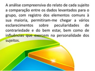A análise compreensiva do relato de cada sujeito
a comparação entre os dados levantados para o
grupo, com registro dos elementos comuns à
sua maioria, permitiram-me chegar a vários
esclarecimentos sobre peculiaridades de
contrariedade e do bem estar, bem como de
influências que exercem na personalidade dos
sujeitos.
 