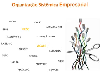 Organização Sistêmica Empresarial
SOFTVILLE
ABRADI
ACATE
ASSESPRO-SC
SUCESU-SC
BLUSOFT
CÂMARA e-NET
CDI-SC
CETIC
FECOAGRO
...