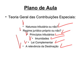 Plano de Aula Teoria Geral das Contribuições Especiais: Natureza tributária ou não? Regime jurídico próprio ou não? Princípios tributários Imunidades Lei Complementar A relevância da Destinação 