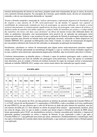 enormes deslocamentos de retorno às suas bases, portanto sendo mais remunerados do que os outros, de acordo
com a primeira fórmula proposta. Na concepção da Comissão, quem trabalha muito, deveria ser remunerado a
contendo, e não ter sua remuneração diminuída ou “ajustada”.
Tivesse a fórmula cumprido o anunciado de “utilizar efetivamente a informação disponível do benchmark, que
diz respeito a uma amostra de 23 ZPs norte-americanas” ou até mesmo “A equação visa capturar a
sensibilidade da remuneração estimada por hora de praticagem, na amostra utilizada, em relação a certas
variáveis determinantes (e estatisticamente significativas) do preço de praticagem, como número de práticos, a
distância média da manobra (em milhas náuticas), o número médio de manobras por prático e o tempo médio
das manobras (em horas com duas casas decimais)” ou talvez até mesmo tivesse sido elaborada dentro de
todos os parâmetros elencados, esta necessariamente seria possível de ser aplicada nas praticagens norte
americanas utilizadas. Todavia, o que aconteceu foi que a aplicação da fórmula às praticagens americanas (que
jamais cogitaram uma fórmula ou método único para aplicação nacional), utilizando os dados disponíveis no
trabalho DIBNER 2012, apontado na bibliografia como fonte. Contudo, os valores de remuneração divulgados
por esta própria referência não foram de fato utilizados ou alcançados na aplicação da metodologia.
Inicialmente, calculamos os valores de remuneração para alguns portos norte-americanos presentes naquele
estudo, com a fórmula apresentada na metodologia divulgada e o que se verificou foram resultados negativos,
ou seja, o prático norte-americano supostamente pagaria para trabalhar, algo inverossímil, para dizer o mínimo.
Conforme demonstramos na planilha abaixo, a fórmula é capaz de produzir praticagens onde o prático teve
remuneração negativa por hora de trabalho em praticagens norte-americanas. Esses são apenas os resultados
mais aberrantes, pois na verdade a fórmula em nenhum momento foi capaz de conseguir acertar a remuneração
indicada no trabalho DIBNER 2012, sempre com valores muito abaixo dos indicados por aquele estudo.
EM DÓLARES
RRR=(2741,03+6,17xN-27,88xDm-6,09x(M/N)-169,40xTm+0,15xDmˆ2+6,38xTmˆ2)xPPP/2

N

Dm

18

PPP

Rrr

PELA CNAP

DIBNER

REMUN
ANUAL

M/N

M

Tm

Dm2

Tm2

9

1033
6

1,75

81

3,06

1

-USD 580,30

574,22

PORT
EVERGLADES

negativa

16

29

5515

5

841

25

1

-USD 314,63

344,69

GALVESTON

negativa

20

9

8615

1,6

81

2,56

1

-USD 126,16

430,75

MIAMI

negativa

USD
436.150,00
USD
335.000,00
USD
314.555,00

Entretanto, em 16 de janeiro de 2014, em data posterior ao término do período original da Consulta Pública nº
2, a CNAP, através de sua Resolução nº 4, surpreendeu o CONAPRA e toda a sociedade civil com a publicação
de uma ERRATA, em que afirmava que o valor de M deveria ser dado não pelo número de manobras, mas por
este número dividido por 2,2. Sem adentrar no mérito do porquê deste número – aparentemente aleatório, para
um conta de chegar, uma vez que os dados e estudos que deram origem à fórmula de cálculo de RRR nunca
foram apresentados pela CNAP, em desobediência inclusive a liminar concedida pelo Judiciário, é impossível
apresentar qualquer comentário ou crítica a respeito da fórmula. O que surpreende a todos é que após a
Consulta Pública nº 1 seja publicada uma errata que altera, substancial e fundamentalmente a metodologia, tudo
isso após a formulação da Consulta objeto desta manifestação, o que anula por completo tanto a fórmula quanto
a sua aplicação.
Não NAo ha formula

2

 