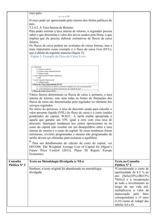 risco país:
O risco pode ser aproximado pelo retorno dos títulos públicos do
país.
5.2.4.2. A Taxa Interna de Retorno
Para poder estimar a taxa interna de retorno, o regulador precisa
saber o que determina o valor dos ativos usados pela firma, o que
implica que ele precisa elaborar estimativas de fluxos de caixa
futuros.
Os fluxos de caixa podem ser avaliados de várias formas, mas a
mais importante como exemplo é o fluxo de caixa livre (FCL),
que é obtido da seguinte maneira (figura 3):
Figura 3. Exemplo de Fluxo de Caixa Livre

Vários fatores determinam os fluxos de caixa e, portanto, a taxa
interna de retorno, mas nem todas as fontes de flutuações dos
fluxos de caixa são determinadas pelo regulador ou ofertante dos
serviços regulados.
No início do processo, a taxa de desconto usada para calcular o
valor presente líquido (VPL) do fluxo de caixa é o custo (médio
ponderado) do capital, WACC. A tarifa média apropriada é
aquela que garante um VPL igual a zero com essa taxa de
desconto. Quaisquer mudanças nos custos operacionais ou no
custo do capital irão resultar em um desequilíbrio entre a taxa
interna de retorno e o custo do capital. Se essas mudanças forem
estruturais, revisões programadas e mesmo não programadas de
tarifas devem ser efetuadas para restaurar o equilíbrio.
8
Para um detalhamento do cálculo do custo do capital, ver
OFCOM, The Weighted Average Cost of Capital for Ofgem’s
Future Price Control (2011), Phase III Report, Europe
Economics.
Consulta
Pública Nº 2

Texto na Metodologia Divulgada (e NEs)
Nenhum, o texto original foi abandonado na metodologia
divulgada

Texto na Consulta
Pública Nº 2
*Considerando o custo de
oportunidade de 8,5 % ao
ano [Selic(10%)-IR(15%
*Selic)] e a recuperação
de todo o investimento ao
longo da sua vida útil,
multiplica-se o valor da
depreciação pelo fator
correspondente a 15 anos
(1,81) (nota de rodapé das
tabelas 4,6 e 8)

 