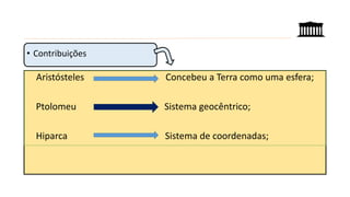 Aristósteles Concebeu a Terra como uma esfera;
Ptolomeu Sistema geocêntrico;
Hiparca Sistema de coordenadas;
• Contribuições
 