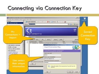 Connecting via Connection Key Saved Connection Key My Connections > Import User enters their unique information 